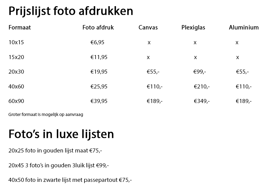prijslijst foto afdrukken