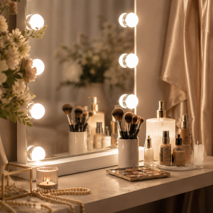 Visagiste werkt aan make-up van model in fotostudio in Groningen
